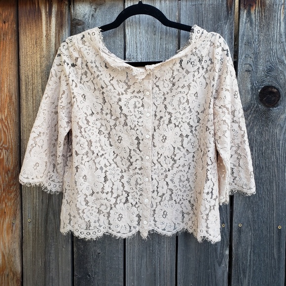 Joie Lace Tan Cropped Button Back 3/4 Sleeve Top - Picture 5 of 8